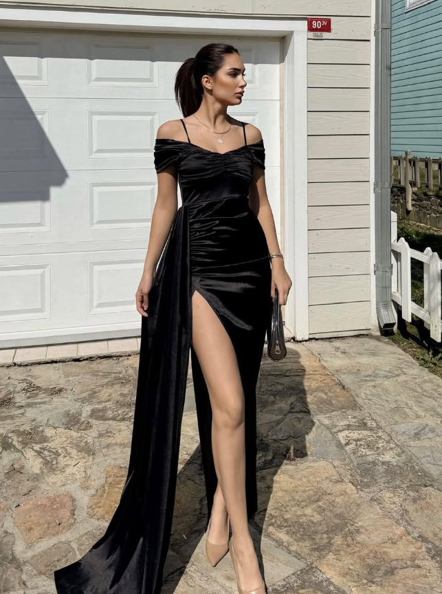 Apricot Sheath Spaghetti Strap Satin Prom Dress Wedding Guest Dress SH4747