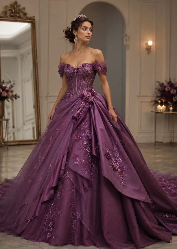 Dark Purple A Line Off the Shoulder Appliques Satin Prom Dress Evening Dress SH6326