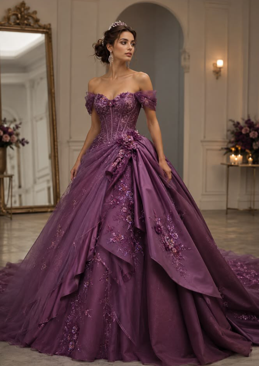 Dark Purple A Line Off the Shoulder Appliques Satin Prom Dress Evening Dress SH6326