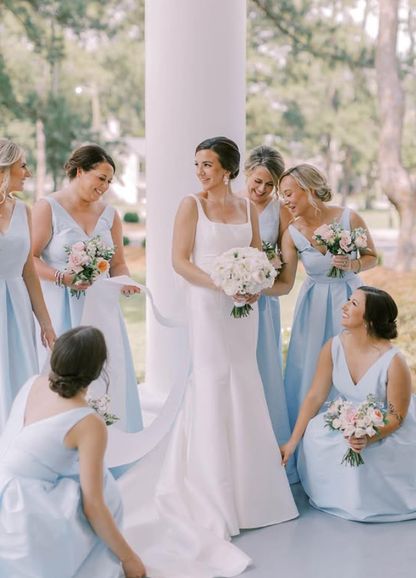 Romantic Baby Blue A Line V Neck Satin Long Bridesmaid Dress SH6316