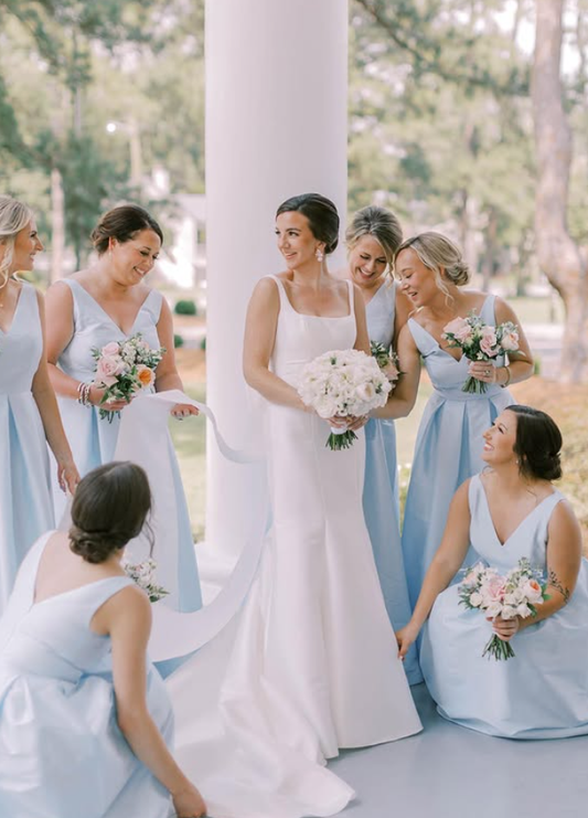 Romantic Baby Blue A Line V Neck Satin Long Bridesmaid Dress SH6316