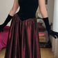 Vintage A Line Strapless Black Velvet Burgundy Satin Prom Dress Evening Dress SH6074