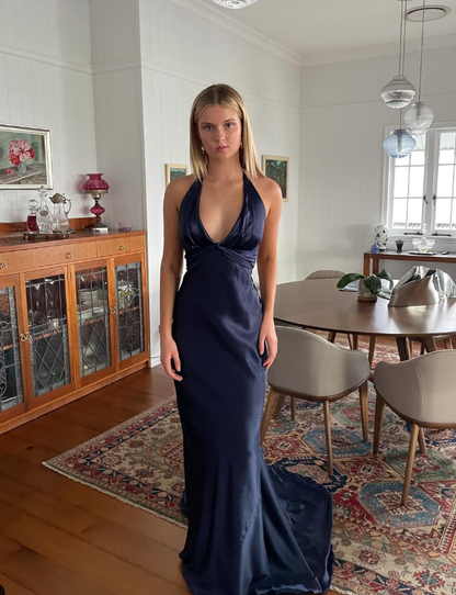 Navy Blue Sheath V Neck Satin Open Back Long Sweep Prom Dress Graduation Prom Dress SH2588