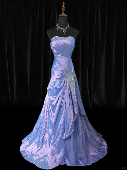 Vintage Purple A Line Strapless Beaded Satin Prom Dress Evening Dress SH5601