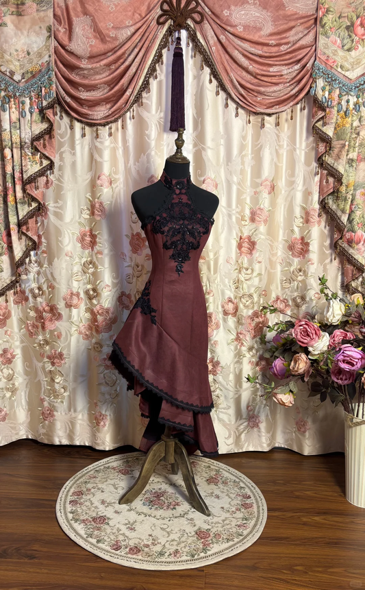 Sexy Burgundy Mermaid Halter Black Appliques Satin Homecoming Dress Cocktail Dress SH3708