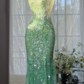 Green Fairy Mermaid V Neck Shiny Sequin Beaded Tulle Backless Graduation Prom Dress SH5342