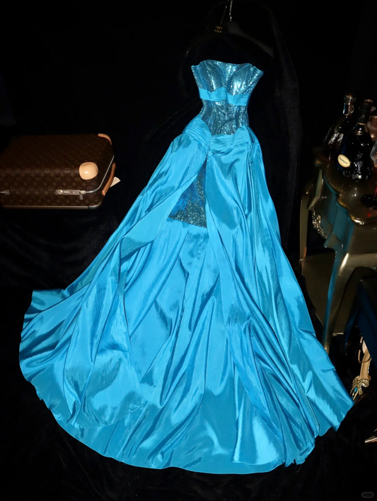 Charming A Line Strapless Blue Sequin Satin Long Prom Dress Evening Dress SH3144