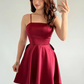 Simple Burgundy A Line Spaghetti Straps Bow Satin Short Prom Dress Homecoming Dress SH6011