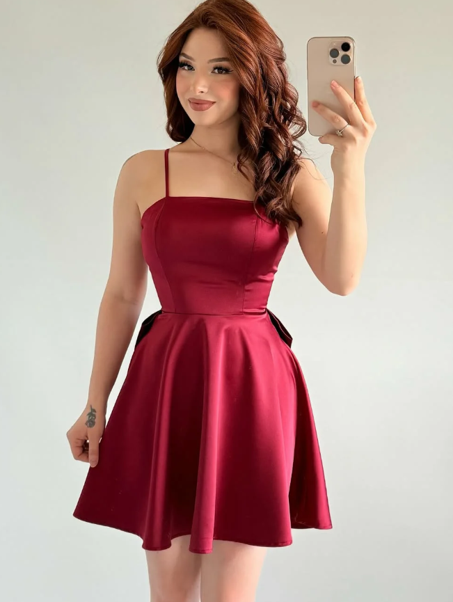 Simple Burgundy A Line Spaghetti Straps Bow Satin Short Prom Dress Homecoming Dress SH6011