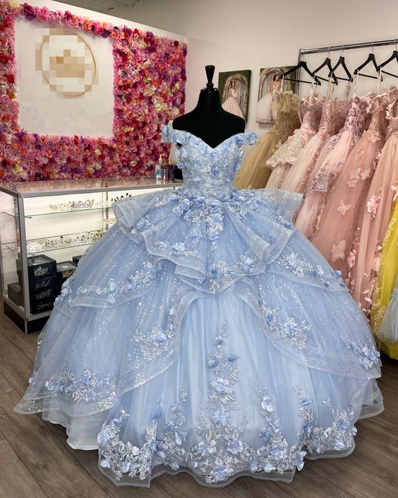 Light Blue Sparkly Off The Shoulder Appliques Prom Dress Quinceañera Dress Sweet 16 Prom Dress Ball Gown SH1136