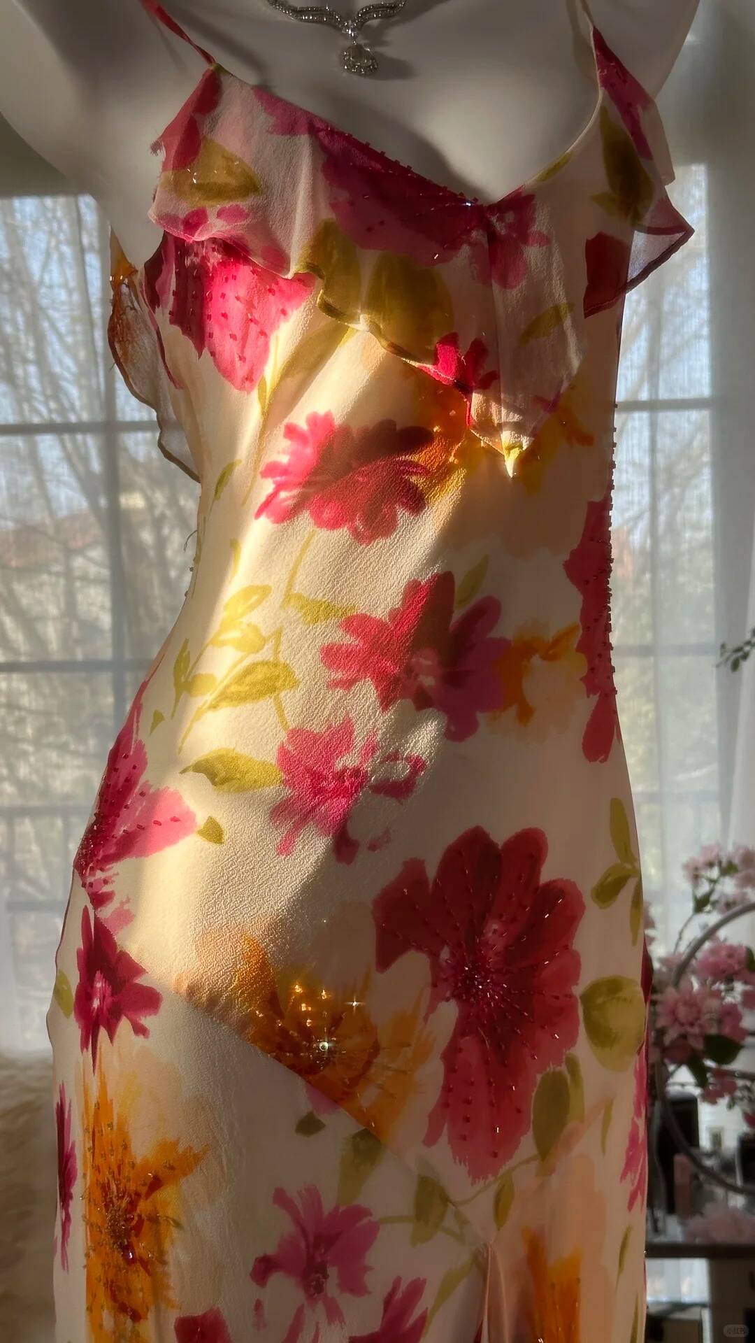 Flowy Mermaid Spaghetti Strap Print Flower Beaded Chiffon Party Dress SH3291