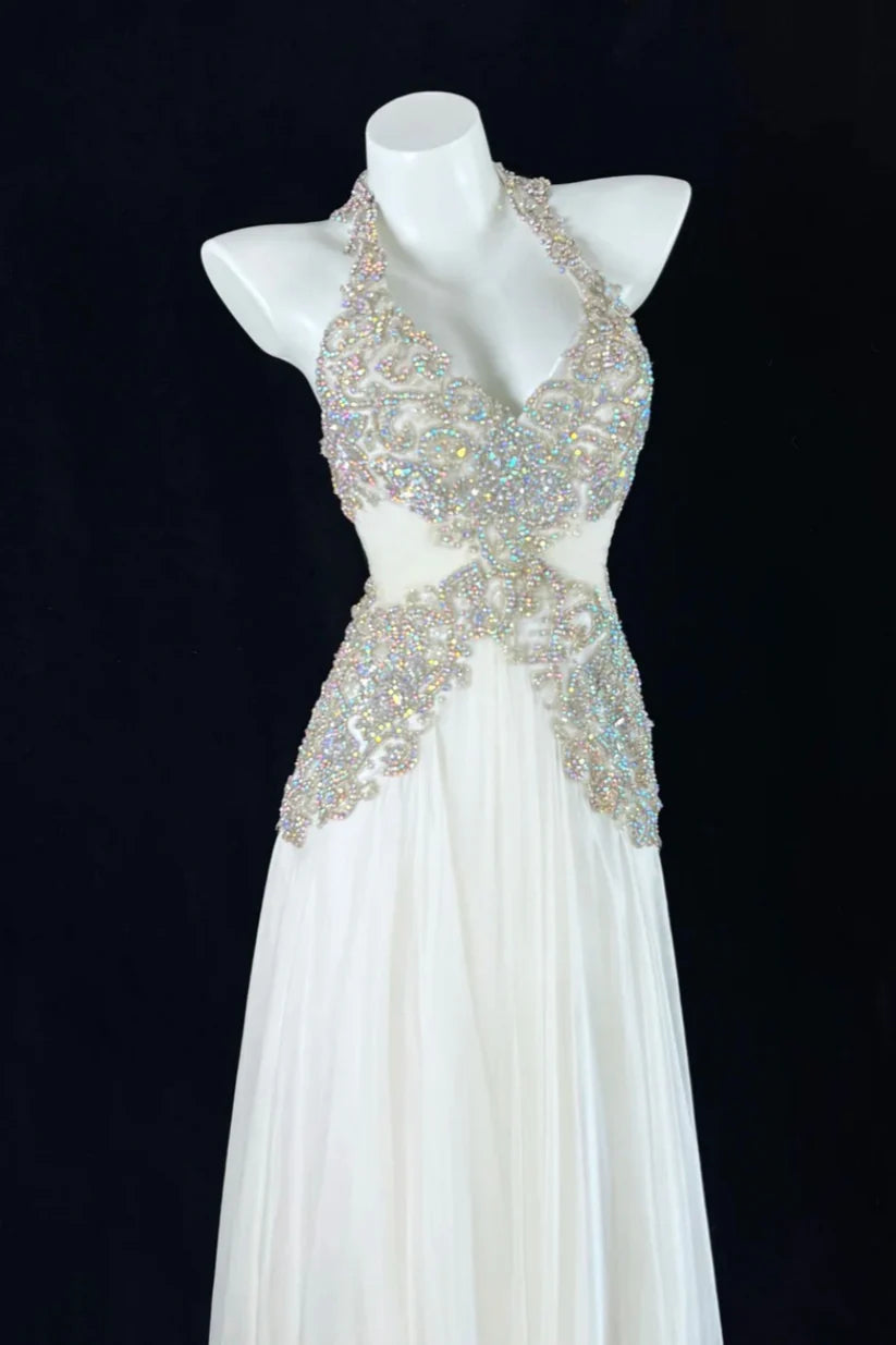 Vintage Elegant A Line Halter Beaded White Chiffon Prom Dress SH5142