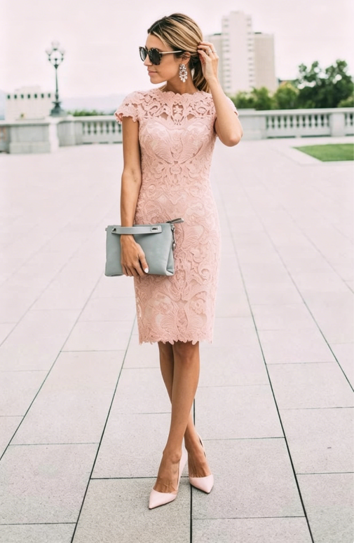 knee length mother of the bride dresses Gentle Pink Sheath Lace Knee Length Mother of the Bride Dress Outfits –  shinydress