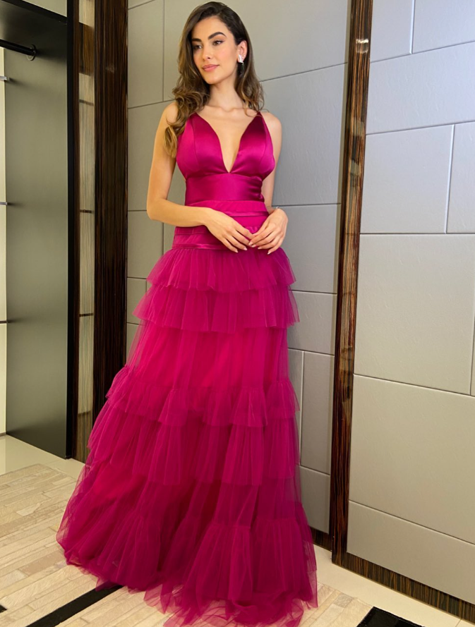 Hot Pink A Line Spaghetti Strap Satin Layered Tulle Long Prom Dress Evening Dress SH6540