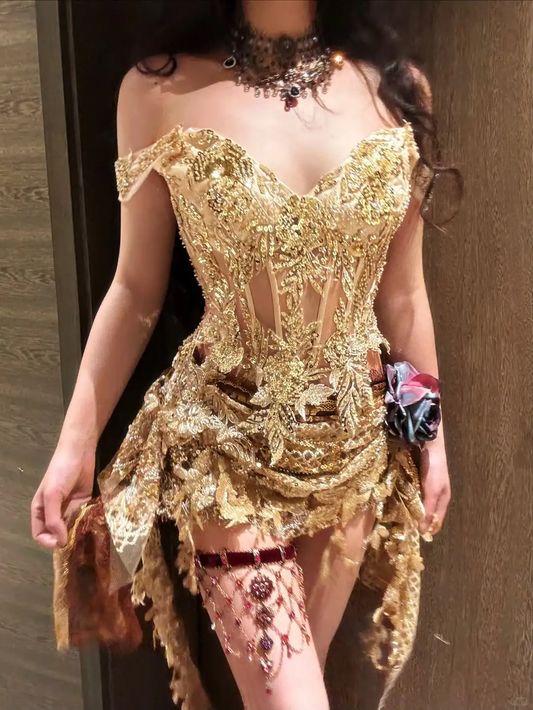 Golden A Line Straps Exquisite Sequin Short Homecoming Dress SH5012