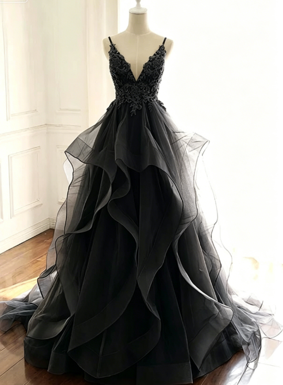 Elegant A Line Straps Blue Lace Layered Tulle Prom Dress Graduation Prom Dress P01330