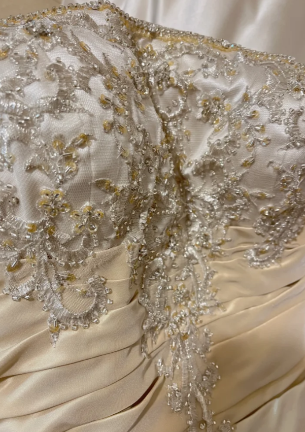 Vintage A Line Strapless Beaded Apricot Satin Prom Dress Wedding Guest Dress SH4653