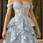 Blue A Line Off the Shoulder Appliques Tiered Petal Tulle Prom Dress Evening Dress SH1901