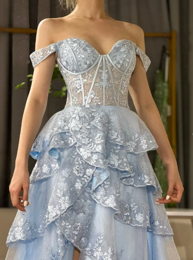 Blue A Line Off the Shoulder Appliques Tiered Petal Tulle Prom Dress Evening Dress SH1901