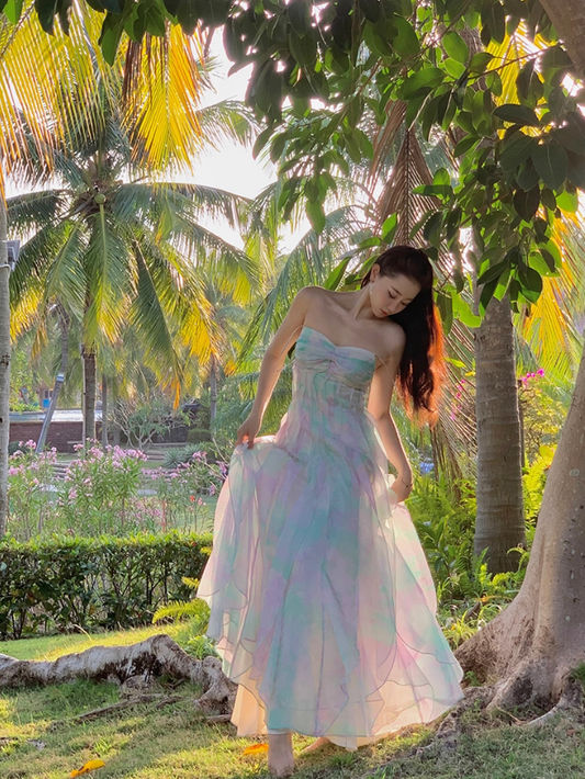 Dreamy Multi-color A Line Strapless Ruffle Chiffon Long Prom Dress Party Dress SH4038