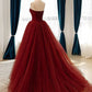 Burgundy Strapless Sleeveless Beading Tulle Prom Dress SH1878