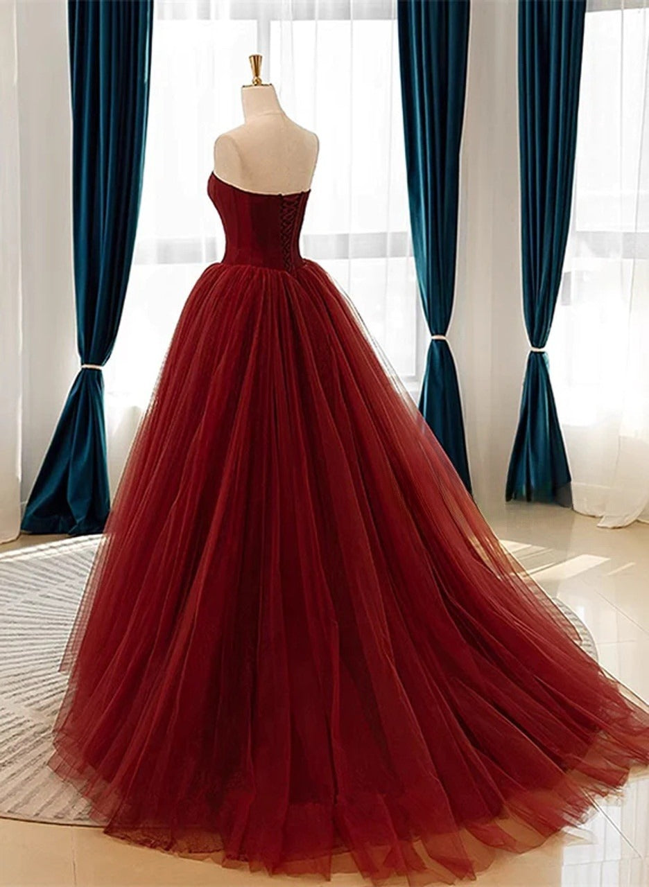 Burgundy Strapless Sleeveless Beading Tulle Prom Dress SH1878