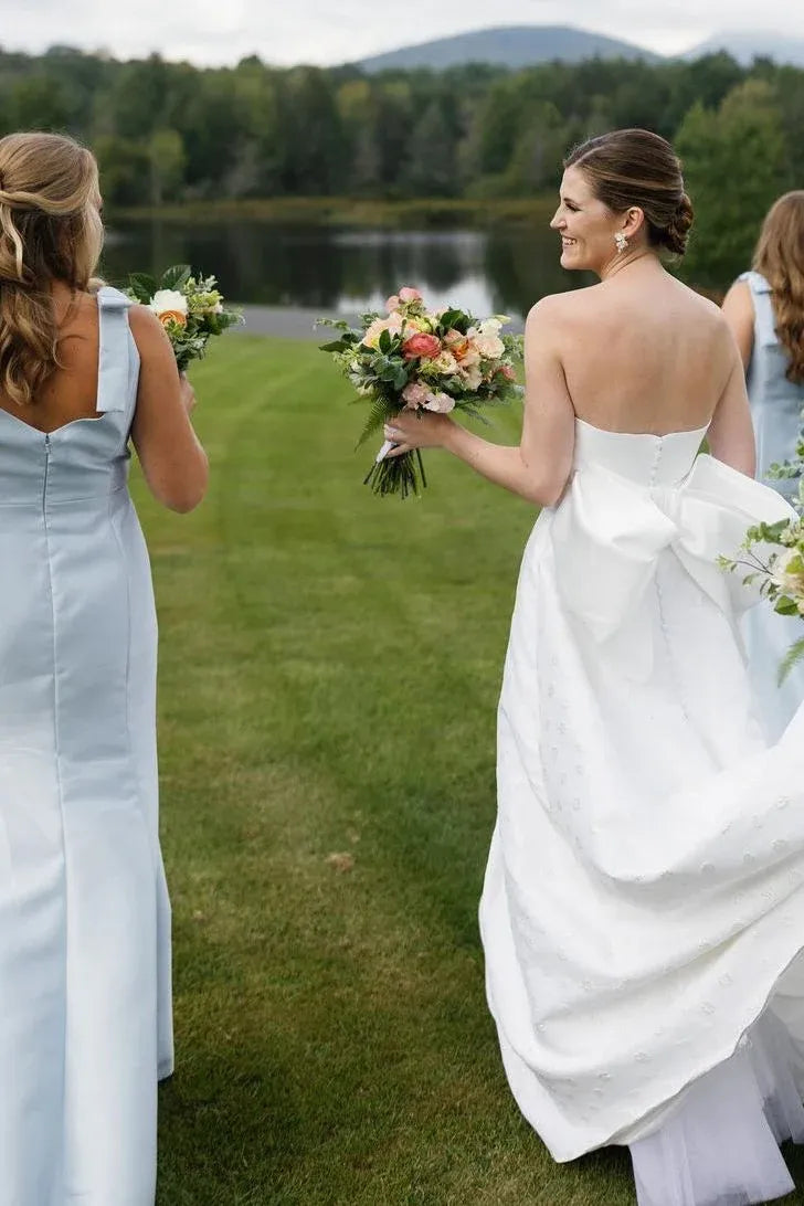 Mermaid Straps Bows Pleats Satin Sleeveless Long Bridesmaid Dress with Slit SH6291