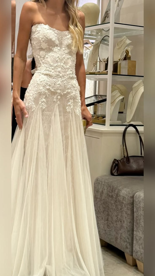 Beautiful A Line Strapless White Appliques Tulle Prom Dress Wedding Dress SH8489