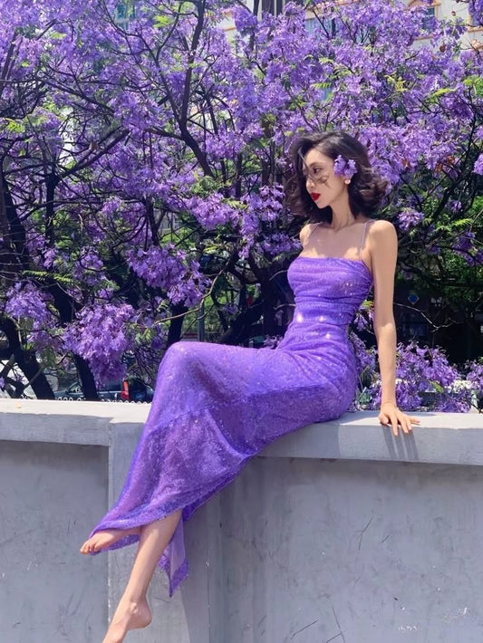 Stunning Sheath Spaghetti Strap Purple Sequin Long Party Dress Evening Dress SH2856