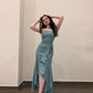 Lake Blue Mermaid Strapless Ruffle Satin Slit Long Prom Dress Evening Dress SH6955