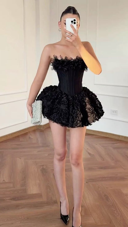 Black Floral Tulle A Line Strapless Corset Cocktail Dress Homecoming Dress SH6147