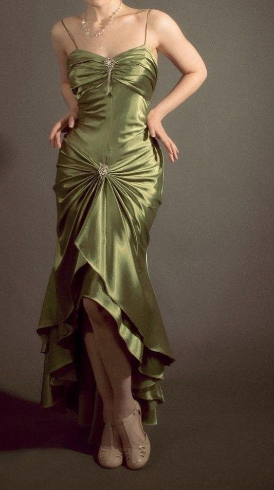 Stunning Mermaid Spaghetti Strap Rhinestone Green Satin Party Dress Evening Dress SH2821