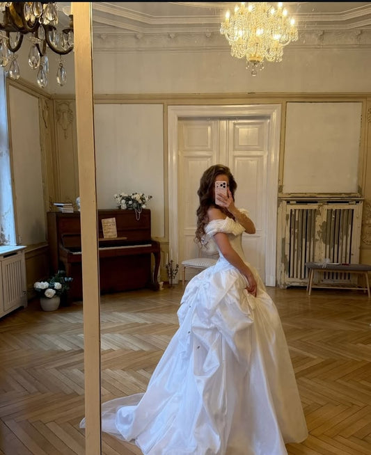Princess Ball Gown Off the Shoulder White Pleated Satin Long Wedding Dress SH8424