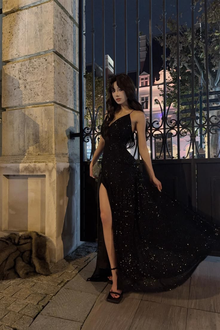 Shiny A Line Straps Dark Purple Sequin Prom Dress with Slit SH5518