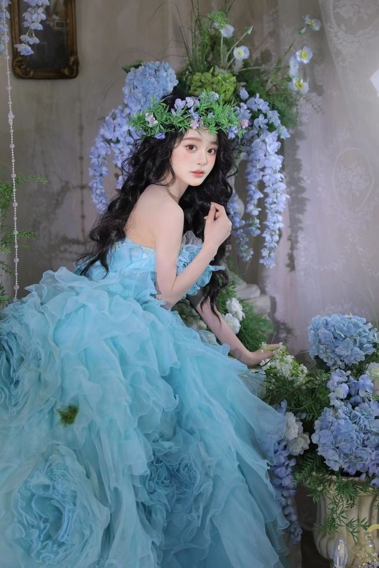 Princess Ball Gown Strapless Tiered Flower Blue Tulle Party Dress Birthday Dress SH2863