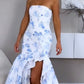 Cute Mermaid Strapless Blue Print Floral Ruffle Chiffon Prom Dress SH4573