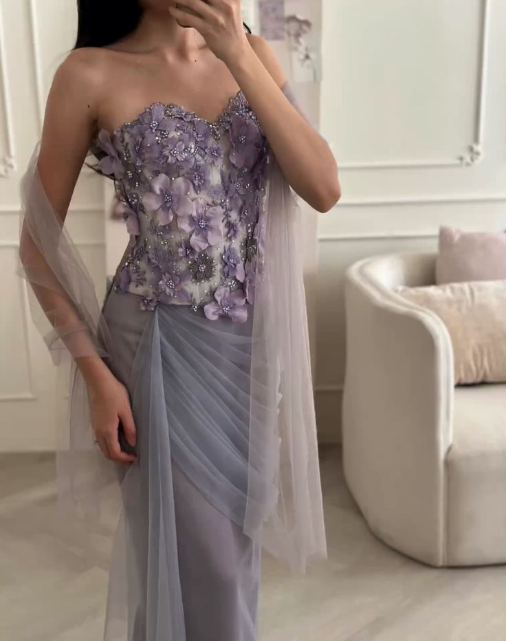 Exquisite Purple Floral Sheath Sweetheart Neck Tulle Prom Dress Evening Dress Formal Dress SH3835