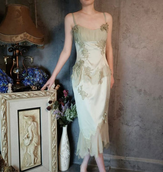Gentle Green Sheath Spaghetti Strap Appliques Satin Chiffon Prom Dress Evening Dress SH2668