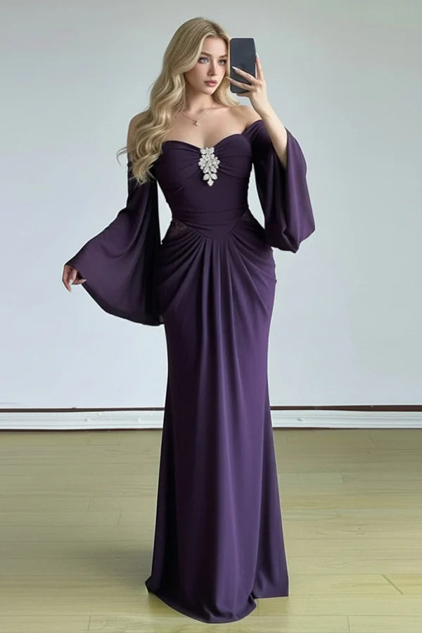 Elegant Dark Purple Sheath Long Sleeve Beaded Chiffon Long Prom Dress Evening Dress SH6610