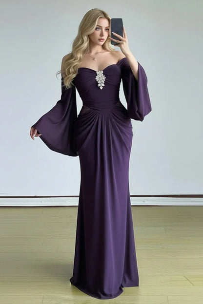 Elegant Dark Purple Sheath Long Sleeve Beaded Chiffon Long Prom Dress Evening Dress SH6610