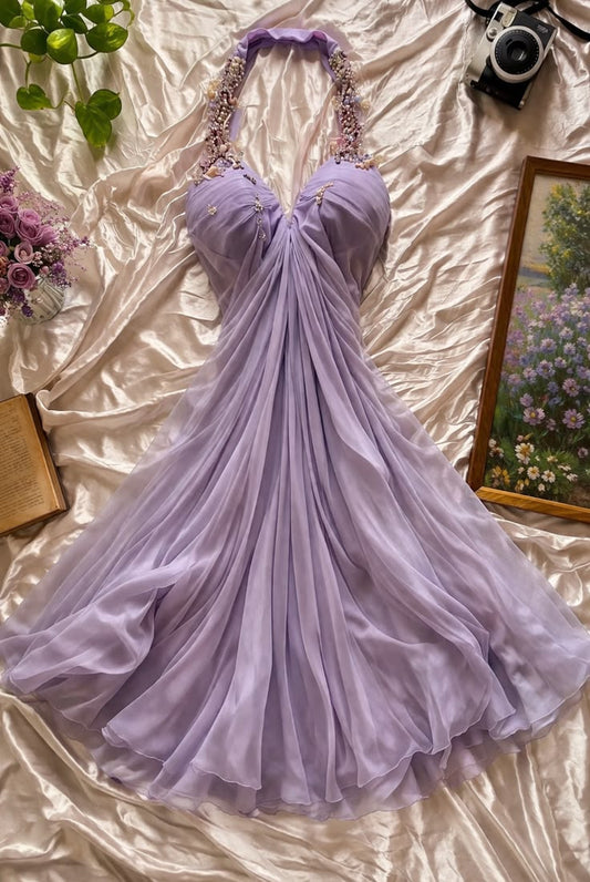 Lilac A Line Halter Beaded Chiffon Short Homecoming Dress Outfits SH5723