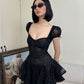 Cute Black A Line Puff Sleeve Lace Short Homecoming Dress SH7976