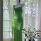 Shiny Sheath Spaghetti Strap Sequin Beaded Green Chiffon Open Back Party Dress Evening Dress SH2874