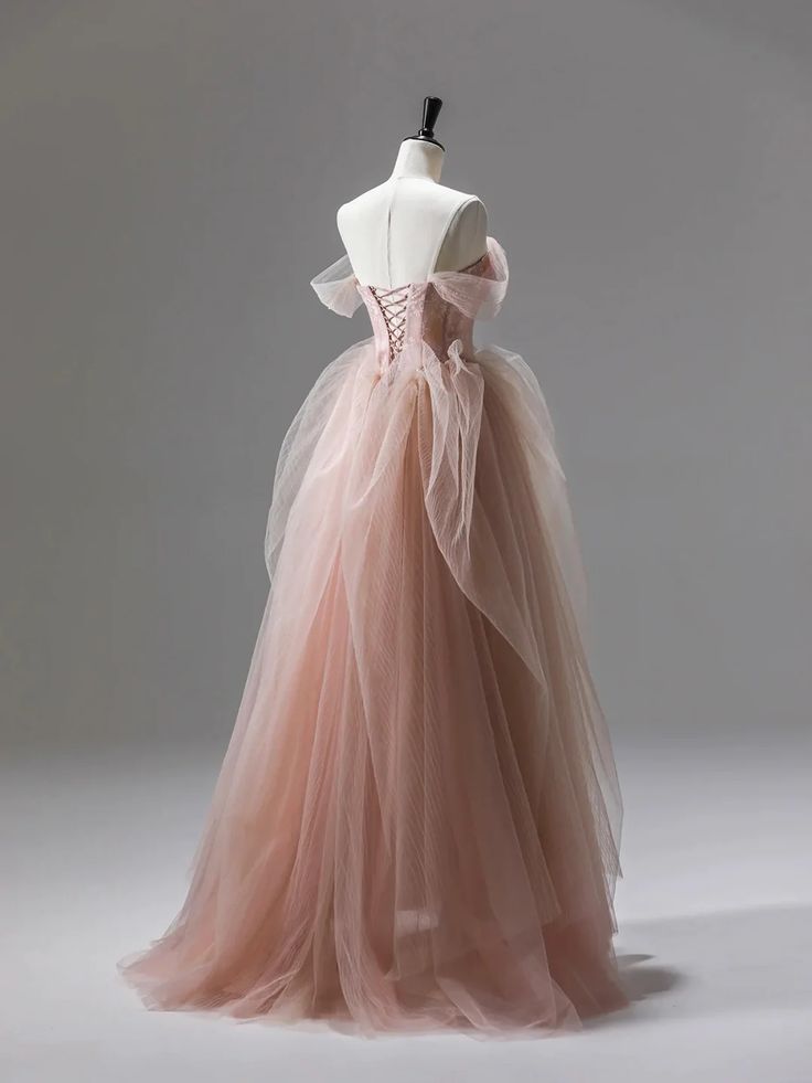 Pink A Line Straps Corset Tulle Long Prom Dress With Ruffles SH1847