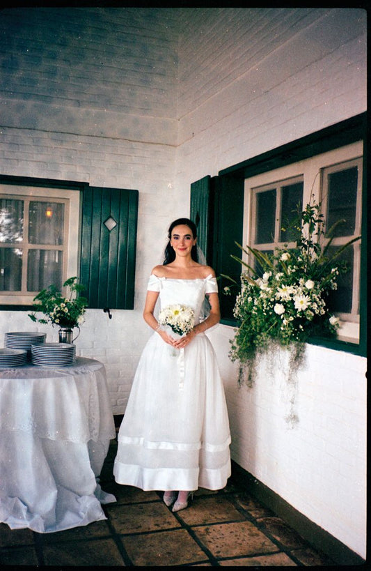 Vintage Cute A Line Off the Shoulder White Organza Long Prom Dress Wedding Dress SH7271