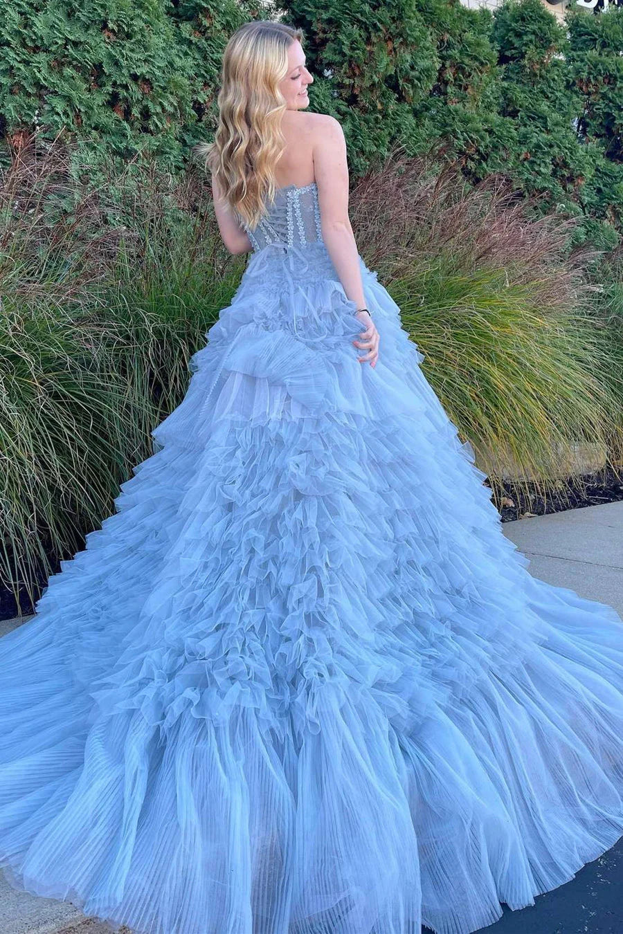 Blue Princess A-line Strapless Tiered Tulle Prom Dress Evening Dress SH1710