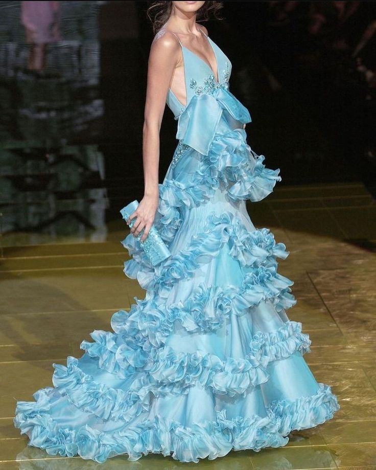 Gorgeous A Line Spaghetti Strap Beaded Tiered Blue Chiffon Long Prom Dress Evening Dress SH2654