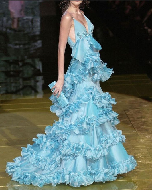 Gorgeous A Line Spaghetti Strap Beaded Tiered Blue Chiffon Long Prom Dress Evening Dress SH2654