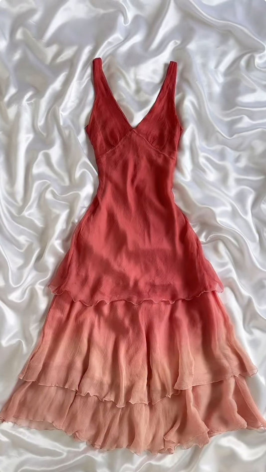 Vintage A Line V Neck Red Pink Ombre Layered Chiffon Prom Dress Wedding Guest Dress SH4425