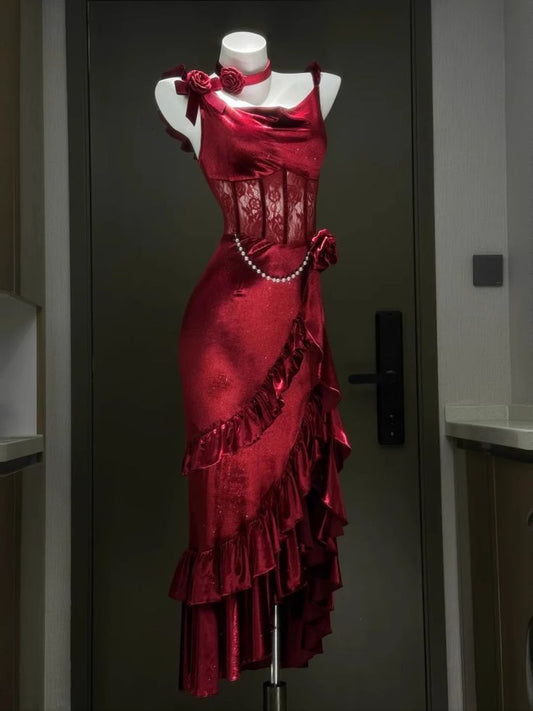 Sexy Burgundy Sheath Straps Layered Satin Prom Dress Party Dress with Slit SH4102